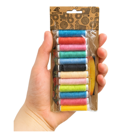 Zestaw naprawczy do szycia – 12 kolorów nici + karnet igieł 19 szt. z nawlekaczem | Nici poliestrowe do szycia ręcznego i maszynowego